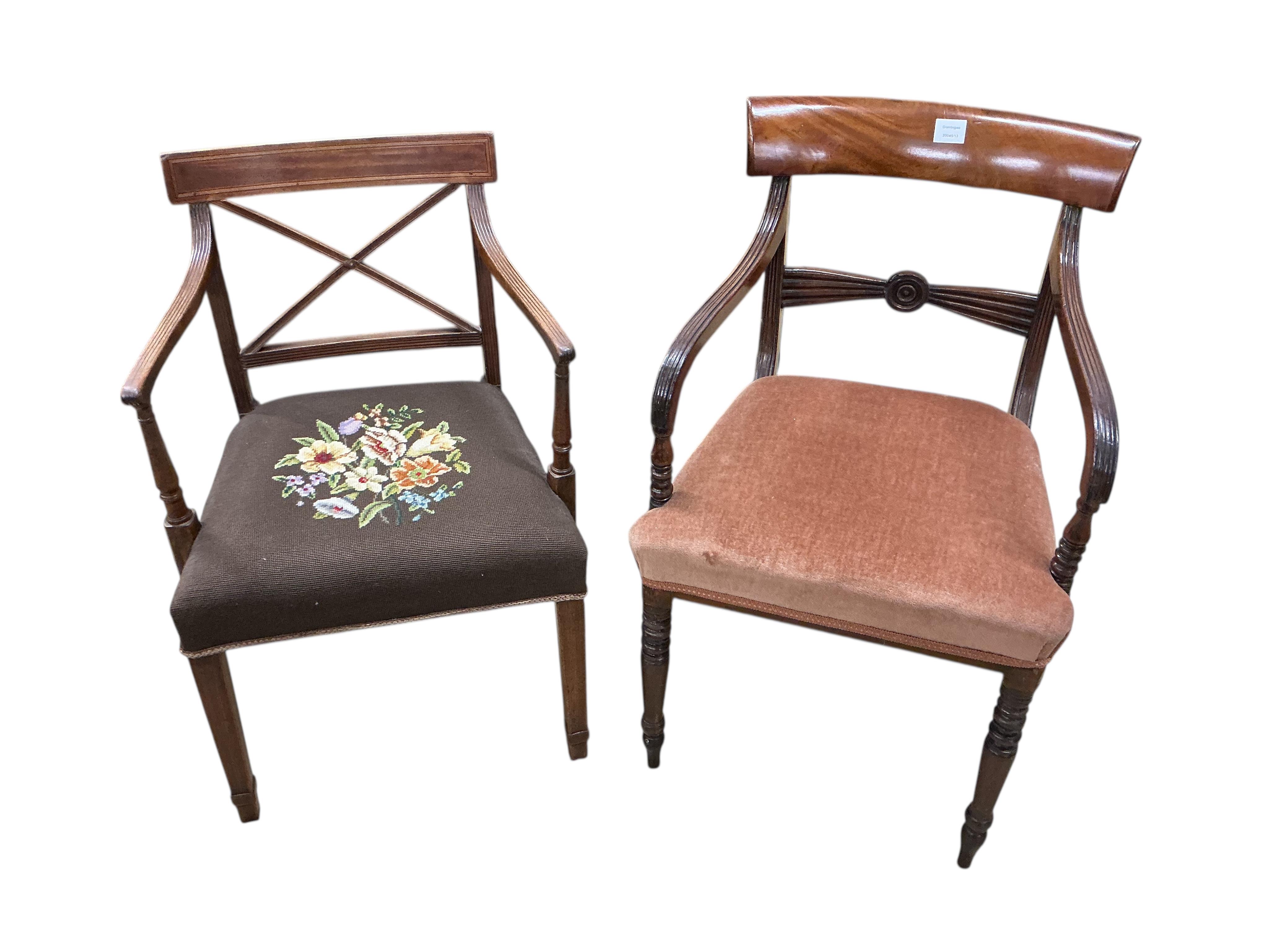 Two early 19th century mahogany elbow chairs, larger 54cm, depth 50cm, height 91cm